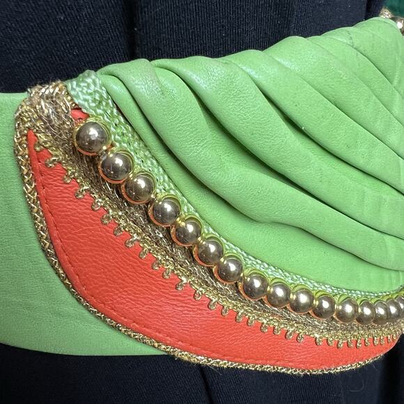 1990 Salena’s Vintage Leather Waist Cincher Belt Lime Citrus Beaded 90’s main image 6